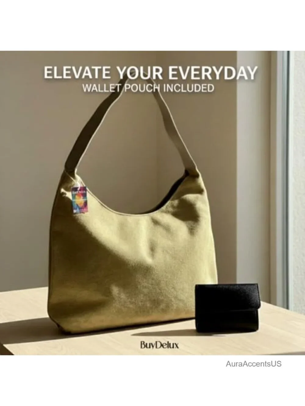 Faux Suede Hobo Tote Bag with Free Wallet, Large Slouchy Shoulder Handbag for